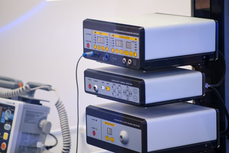 Medical equipment in the operating room for electrosurgical and endoscopic procedures. Intravenous infusion machineの写真素材