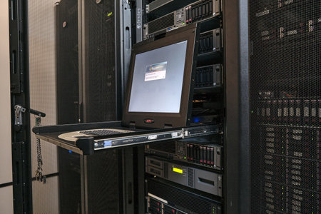 The terminal keyboard in the server room allows for easy access to critical data and information - Moscow, Russia, March 30, 2019のeditorial素材
