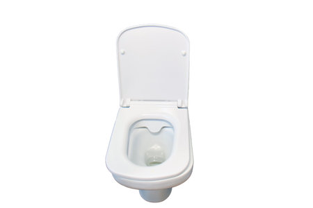 The indoor shower cabin is situated near the white toilet bowl in the bathroom, isolated on white background.の写真素材