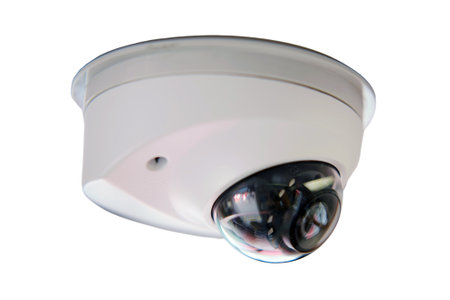 The electronic security system includes a CCTV camera that monitors the train station for any suspicious activity, isolated on white background.の写真素材