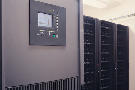 In the server room, the UPS battery is connected to an emergency power supply system