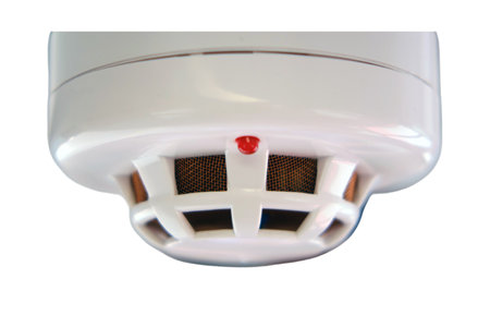 Fire alarm system on the bus, isolated on white background. Close up, isolated on white background. Selective focus, isolated on white background.の写真素材