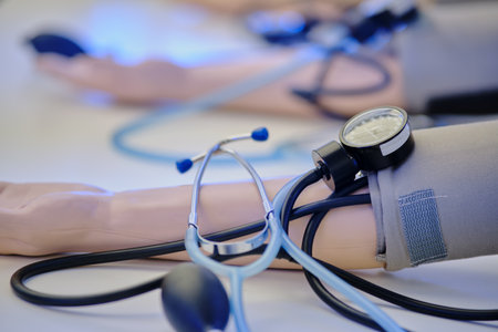 Close up of a stethoscope and a mannequin in a hospitalの写真素材