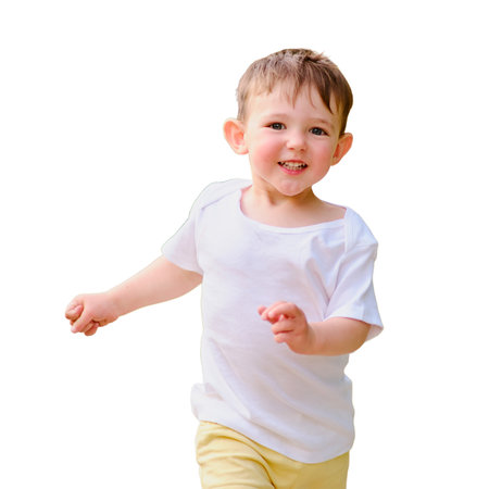 Happy baby runs away from a mother's woman along a path in nature, isolated on white background. Kid aged about two years (one year eleven months)の写真素材