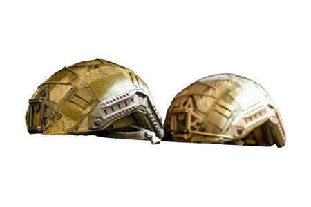 The soldier's helmet from the khaki military uniform set, as seen in the army clothing store, isolated on white background.の写真素材