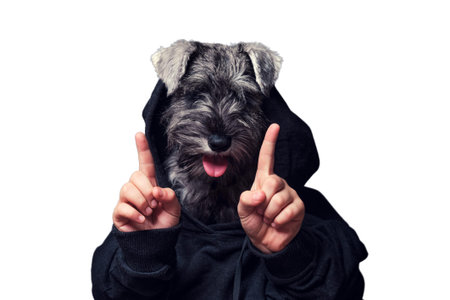Dog head with human hands like a man, funny collage, isolated on white background. Gesture of raised index fingers with a sign of attention. Studio portrait of a miniature schnauzer dog wearing hoodieの写真素材