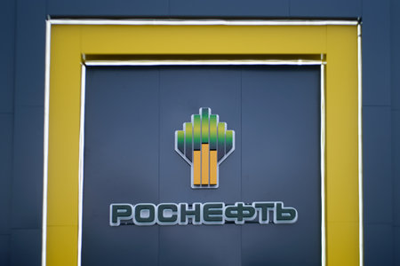 Logo of the Russian oil company Rosneft, close-up - Moscow, Russia, November 05, 2023のeditorial素材