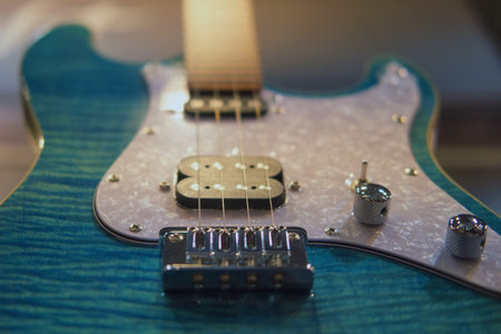 Close up of electric guitar. Selective focus on blue guitarの写真素材