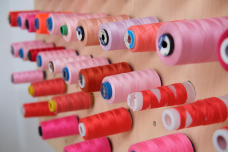 Colorful sewing spools of thread on a shelf in a sewing workshopの写真素材