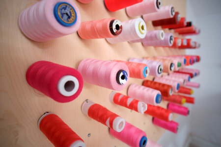 Red spools of thread in a sewing workshop, closeup of photoの写真素材