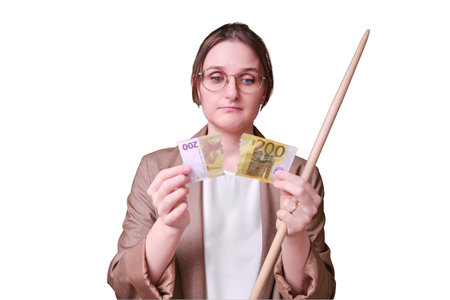 Sad woman teacher with torn euro banknote money on isolated on a white background, copy space