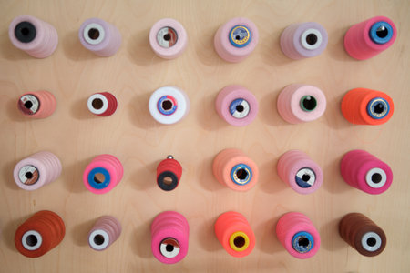 Colorful spools of thread for embroidery on wooden backgroundの写真素材