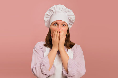 Frightened woman cook on studio pink background. Portrait of a female person in chef's clothingの写真素材