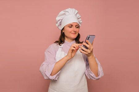 A woman cook holds a phone in her hands on a studio pink background. Portrait of a female person in chef's clothingの写真素材