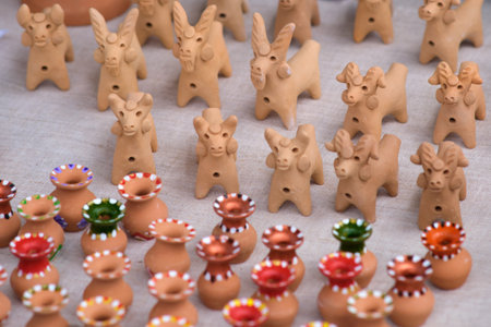 Clay whistles for children and adults as a folk musical instrumentの写真素材