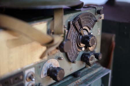 Military radio of the USSR during the Second World War. Historical items from the times of the Soviet Union. Translation from Russian: setting, volume controlの写真素材