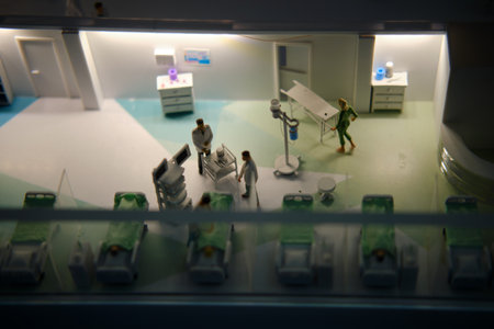 Hospital ward with patients in beds and doctors in a miniature city scene. Model landscape photography for design and print. Medical care and healthcare concept.の写真素材