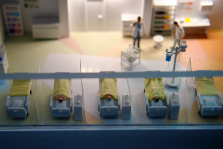 Hospital ward with patients in beds and doctors in a miniature city scene. Model landscape photography for design and print. Medical care and healthcare concept.の写真素材