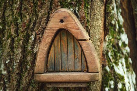 Small triangular wooden door embedded in a tree trunk. Rustic and fantasy concept for design and print.の写真素材