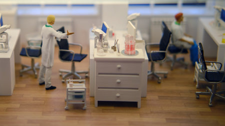 Miniature figures of scientists working in a modern laboratory with equipment on desks. Close-up shot of lab scene for design and print.の写真素材
