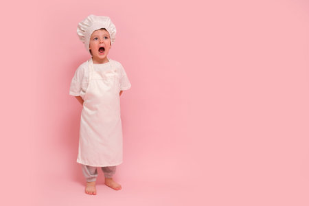 Child dressed as a chef in white uniform, studio portrait on pink background. Cooking and culinary concept, full-length photography. Kid aged 3 years (three year old boy)の写真素材