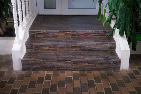 Brown tiled steps leading to a white door with white railing and green plants. Outdoor architecture...