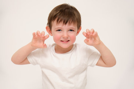 Child making playful claw gesture. Studio portrait of a boy in a white t-shirt on a light background. Baby expressions and emotions concept. Kid aged three (three-year-old)の写真素材