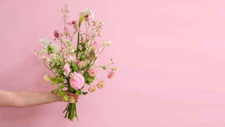 Elegant hand-tied bouquet with soft pastel flowers held against a light pink background, ideal for romantic or spring designs, copy space.の写真素材