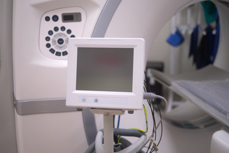 Medical device monitor with control panel in clinic. Modern diagnostic equipment for healthcare. Advanced technology for precision medicine.の写真素材