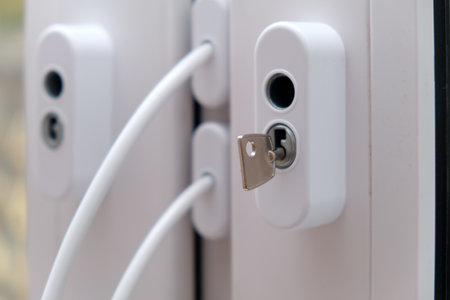White window handle with key inserted into lock. Security and safety concept for home or office. Modern PVC window frame detail.の写真素材