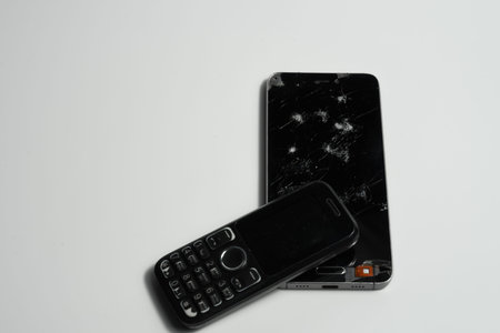Repair mobile device with a broken screen on a Cellphone with broken screen on white background