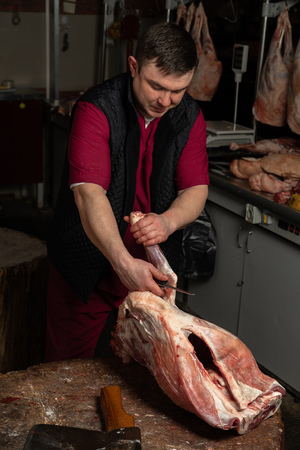 The chopping the meat, professional work of the butcherの写真素材