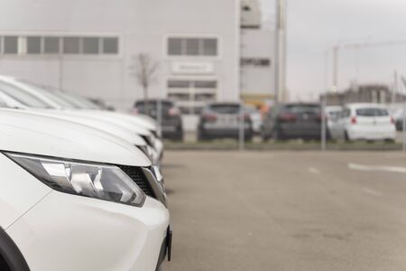 A row of used vehicles parked at a car dealership stock for salesの写真素材
