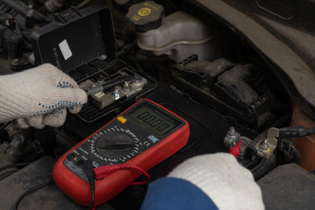 Image of hands with a multimeter voltmeter to check the voltage level in a car battery.の写真素材