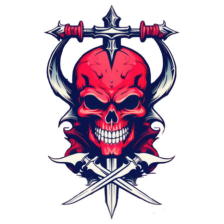 Skull with Crossed Swords. Tattoo Design. Vector illustration.のイラスト素材