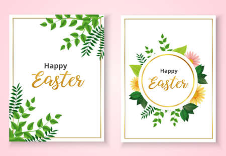 Happy Easter invitation card template with flowers and green leavesのイラスト素材