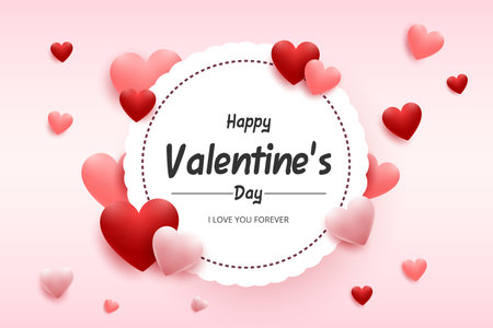 Happy valentine's day greeting card. Vector illustration of red and pink hearts with white round frameのイラスト素材