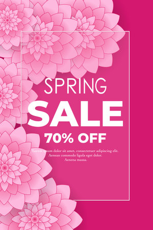 Spring sale poster with pink flowers on a pink background. Vector illustrationのイラスト素材
