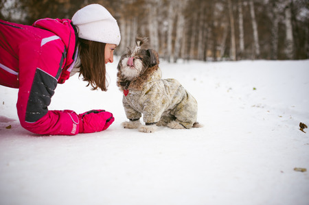 Walk in winter outdoors with dog breed Shih Tzu. A woman in bright red warm ski clothing walking in snow with your pet, little shih tzu dressed in overalls. care for animals loves playing with the dogの写真素材