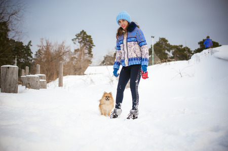 Spitz breed dog playing with a woman walking outdoors winter day. taking care of a pet, dog walkingの写真素材