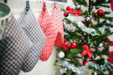 decoration festive home interior. Christmas sock and Christmas tree