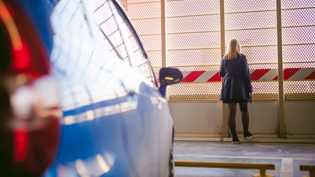 Woman in parking lot on blue car backgroundの写真素材