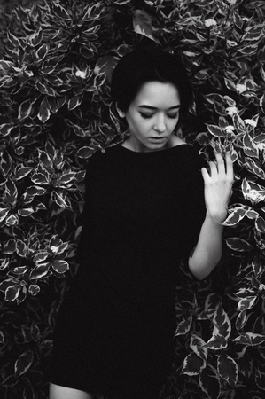 young woman with beautiful feet dressed in black dress, against a backdrop of urban landscapes bush. Street fashion.の写真素材