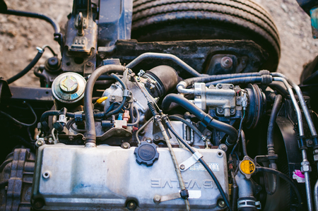 Russia, Novosibirsk - November 23, 2017: small tonnage truck Toyota dune. engine compartment, view of the engine under the cabのeditorial素材
