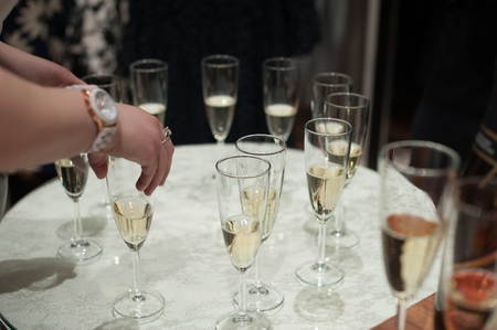 buffet table with snacks, cakes, drinks and champagne. slide champagneの写真素材