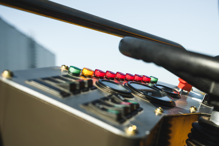 Industrial Vehicle. Heavy Construction Equipment Machine.  asphalt roller, view inside the cabin interior controlsの写真素材