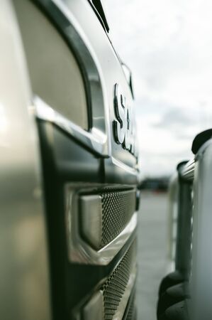 Russia, Novosibirsk - August 23, 2018: exhibition of vehicles, elements of the exterior of the parking lotのeditorial素材