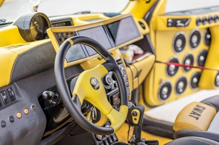 Russia, Novosibirsk - August 23, 2018: vehicle exhibition, car interior elements, car audioのeditorial素材