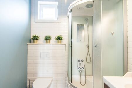 Russia, Moscow- June 15, 2018: interior room apartment. standard repair decoration in hostel. bathroom and toiletのeditorial素材