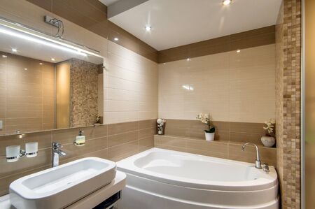 Russia, Moscow- June 17, 2018: interior room apartment. standard repair decoration in hostel. bathroom and toiletのeditorial素材